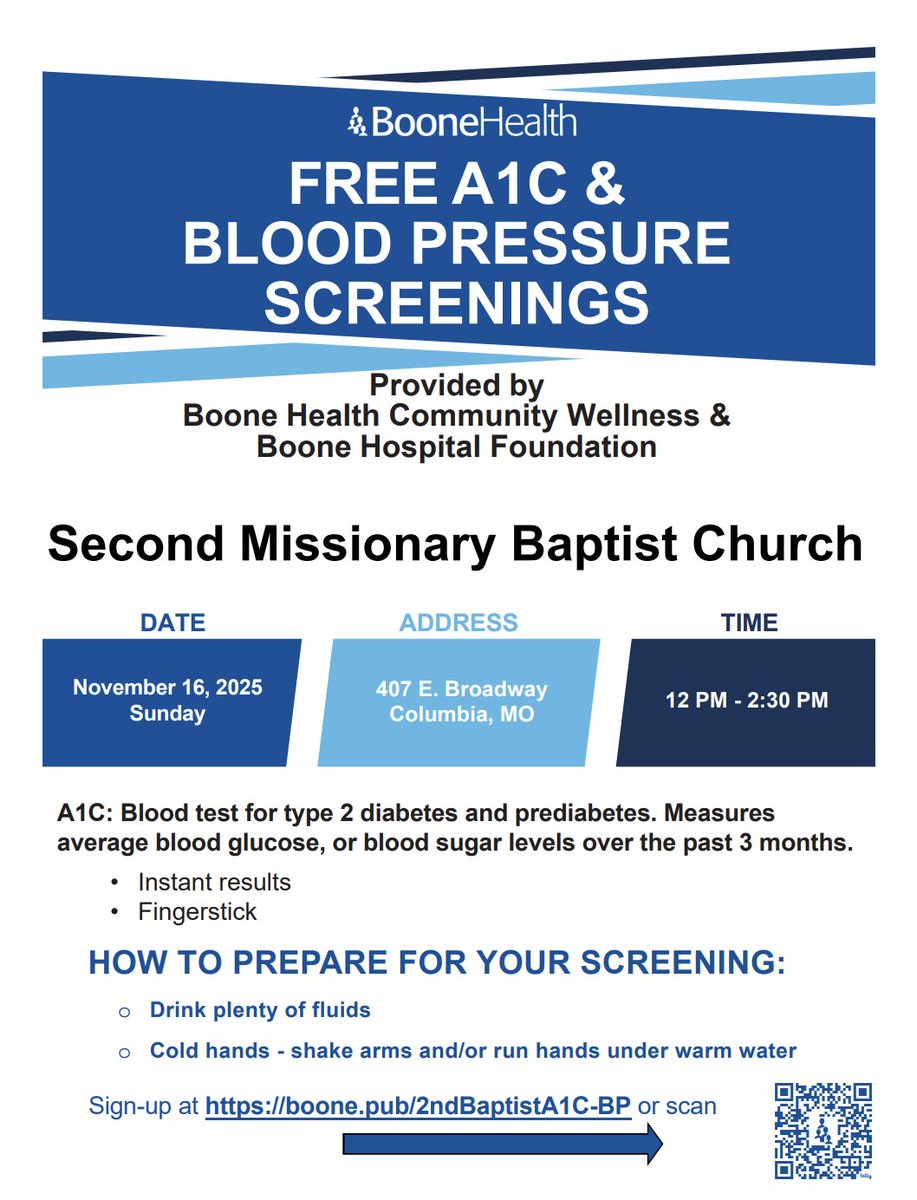 The Community Wellness team will provide free A1C tests at Second Missionary Baptist Church on November 16. Sign-up here: signupgenius.com/go/10C0C44ACA6…