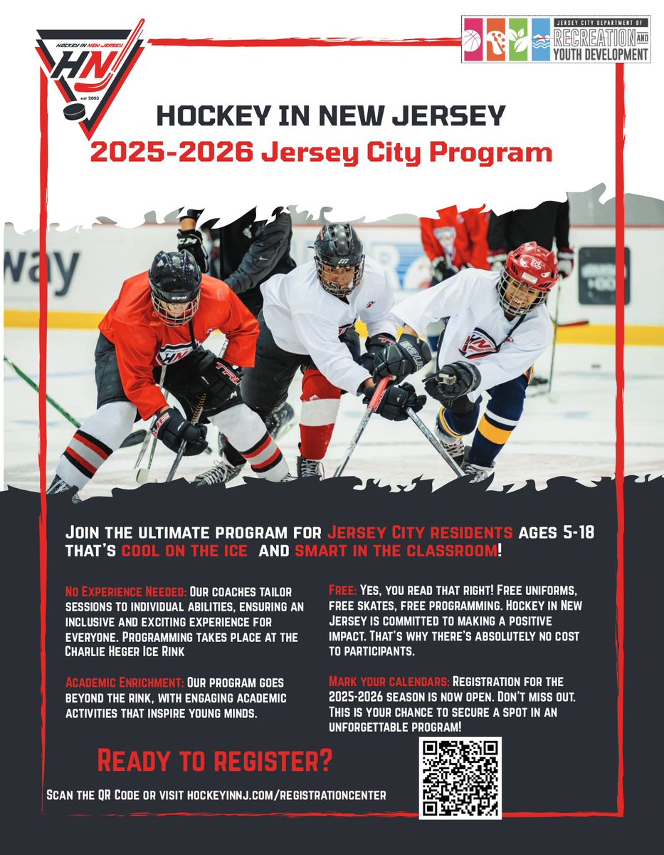 🏒 Jersey City youth — hit the ice!
Join Hockey in New Jersey’s FREE 2025–2026 program for ages 5–18.
✅ Free gear &amp; training
✅ No experience needed
✅ Academic enrichment too!
Register now 👉 buff.ly/CgqXZwH