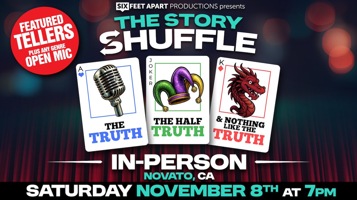 VisitNovato's tweet image. Truths, half-truths, and tales that stretch the imagination, all take the stage at The Story Shuffle at the Courtyard Marriott Novato on Saturday, Nov. 8! Full details in the link 👇 
visitnovato.com/event/the-stor… #VisitNovato
