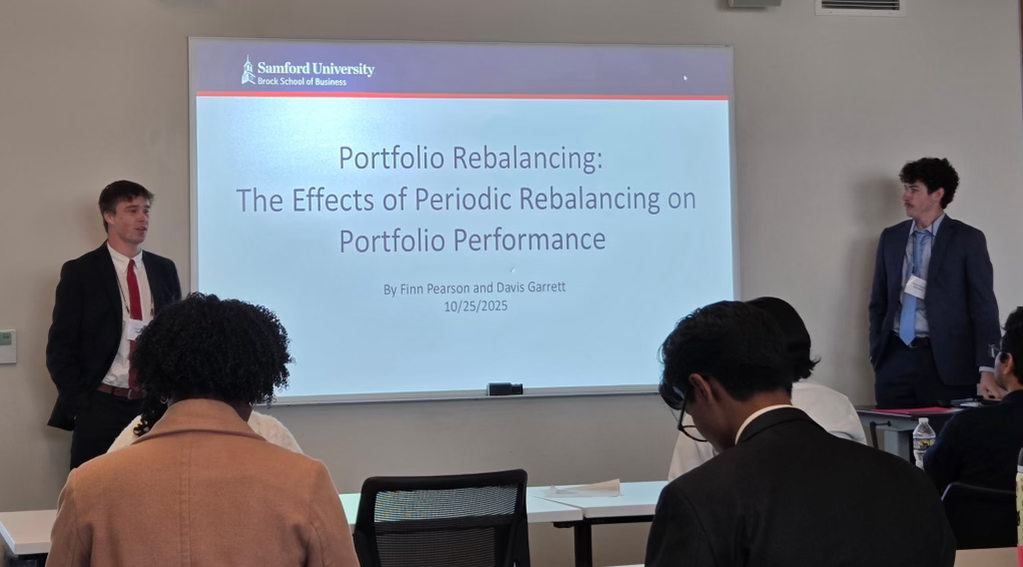 Business students Davis Garrett and Finn Pearson took second place for their project, “Investment Portfolio Rebalancing,” at the 2025 Southern Conference Undergraduate Research Forum at Wofford College, mentored by associate professor Kevin Pan.🥈

🔗 ms.spr.ly/6012tJBg2
