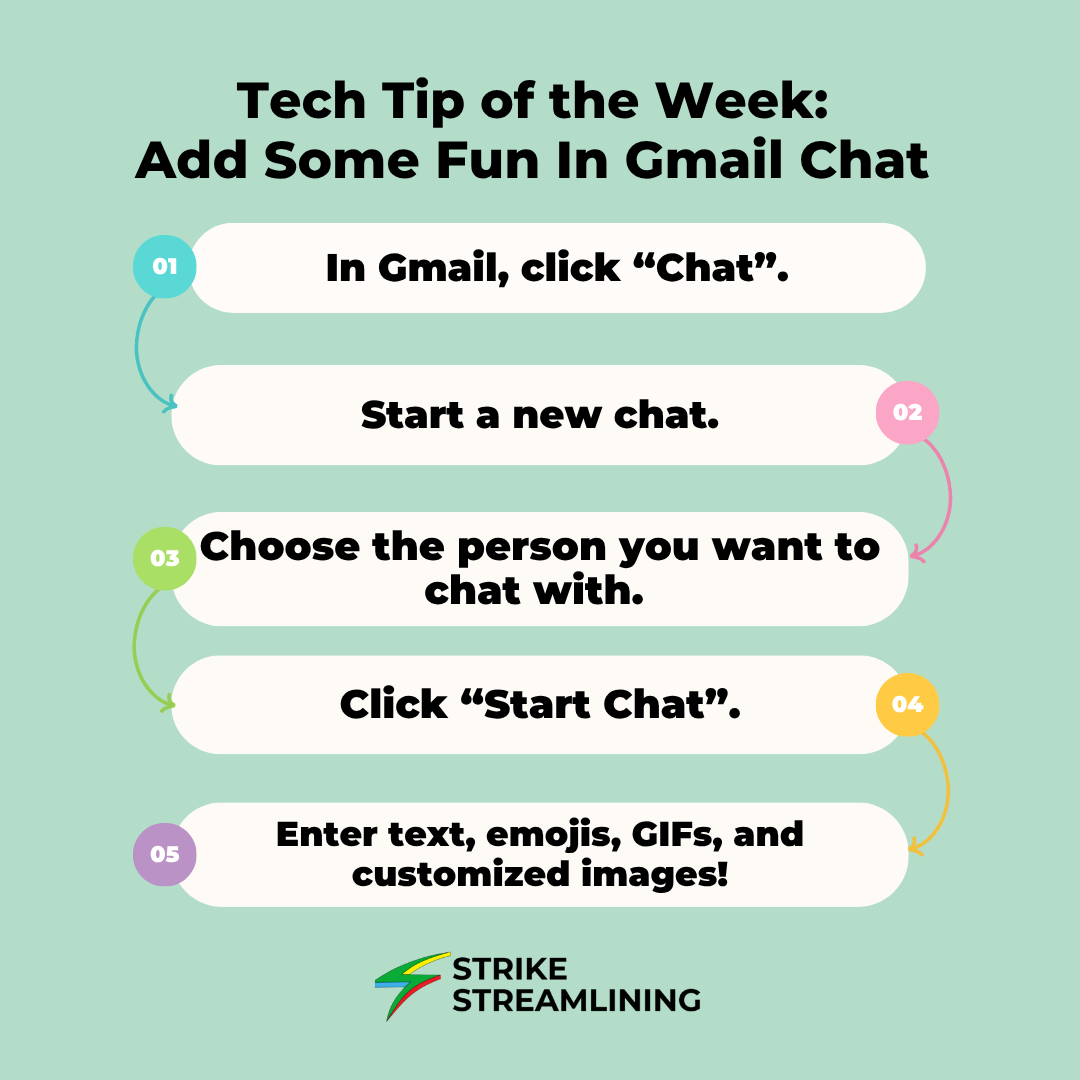 SStreamlining's tweet image. Boost your team’s communication with this week’s tech tip: Add Some Fun in Gmail Chat 💬.

Follow Strike Streamlining and visit strikestreamlining.com for more tips to work smarter and stay productive!

#techtiptuesday #googletips #productivitytips #worksmarternotharder