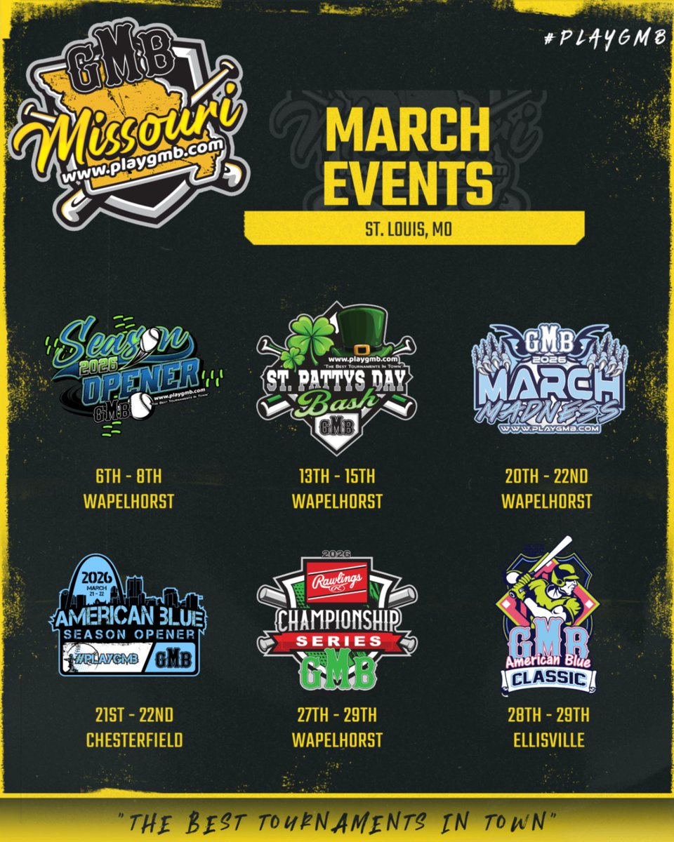 _YBNetwork's tweet image. ⚾️2026 GMB March Events

📍St. Louis, Mo.

🏟Wapelhorst Park (St. Charles)
🏟Chesterfield Valley Athletic Complex
🏟 Ellisville Athletic Complex

Plenty of GMB Turf in the Metro STL area in 2026 and NO Gate Fees

🔗 playgmb.com