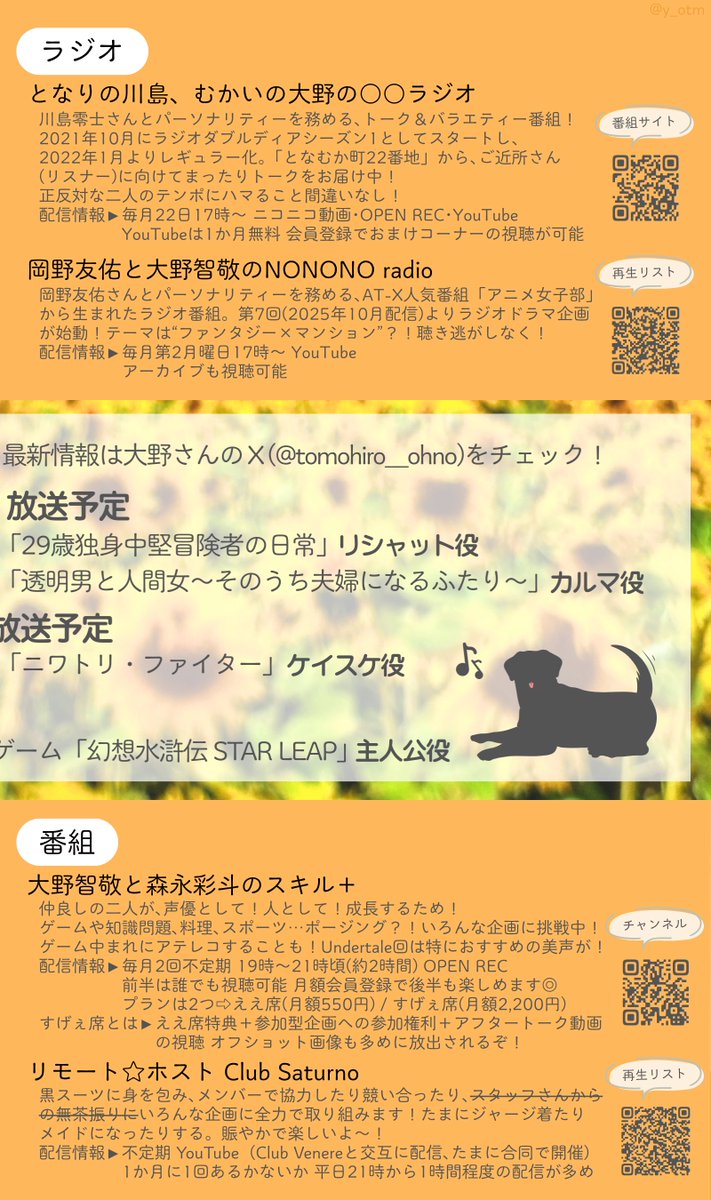 y_otm's tweet photo. マウスプロモーション所属！兵庫出身・大野智敬(おおのともひろ)さんは！声が良くて芝居がうまくて笑顔が眩しくて声がデッッカくて夢に向かって真っすぐ突き進む強さを持つ、最高の声優さんです！！！！！ #大野智敬 さんの魅力、もっともっと届け～！！！！！！！！！！

🔗各種リンク🔗
大野さん公式Xアカウント
👉https://t.co/ZToYfp1bdE
事務所サイト（マウスプロモーション）
👉https://t.co/HfaWgtjDxa

📻好評配信中！ラジオ番組📻
となりの川島、むかいの大野の〇〇ラジオ
毎月22日配信。毎回「〇〇ラジオ」のテーマが変わって楽しい！
ご近所さん（リスナー）から送られたテーマ案を採用することも。
もうすぐ放送丸4年のラジ友中堅(?)番組。1111回目までやってね～！
推奨ハッシュタグ👉 #となむか
番組ページ👉https://t.co/ZYe6AQoyU0

岡野友佑と大野智敬のNONONO radio
笑顔まぶしい組による、ゆる～としたラジオ。
10月からラジオドラマ企画がスタート！聴き始めるなら今！
過去のアーカイブも今のところ見放題（太っ腹だあ！）
推奨ハッシュタグ👉 #NONOラジ
再生リスト👉https://t.co/lu3X3TWa7v

📺元気に配信！顔出し番組📺
大野智敬と森永彩斗のスキル＋
仲が良すぎるあまり、ある意味レアかもしれない超素の大野さんが見られる！
ゲームとか料理とか運動とかいろいろやってる！たまに台パンが発動するぞ！
推奨ハッシュタグ👉 #大野森永のスキプラ
公式Xアカウント👉https://t.co/7h833xehq0
OPEN REC👉https://t.co/7Q6LHpKsA4

リモート☆ホスト Club Saturno
不定期ライブ配信。協力系のコーナー企画が多いので毎回めちゃくちゃ賑やか！
毎回推しホスの投票タイムがあり！お兄ちゃんを1位にした～い！！
配信はいつでもだれでも無料！まずはチャンネル登録から！
推奨ハッシュタグ👉 #リモホス
再生リスト👉https://t.co/d3wWlYYFyN

ふろしき企画 わちゃガヤッ!!
動画更新はしばらくお休み中ですが、若かりし大野さんたちが（※今も若いです）
わちゃわちゃ賑やかしてる微笑ましい動画が見られます◎
推奨ハッシュタグ👉 #ふろしき企画 #わちゃガヤッ
再生リスト👉https://t.co/sFFJOEeeTy

🌸主な出演作🌸
アニメ
マリオ・バスコ・デブリット / 未ル わたしのみらい
四部誠 / トモダチゲーム
ロゥジー・ミスト/ 戦隊レッド 異世界で冒険者になる
ゲーム
アマギ・サイ/ 機動戦士ガンダム N-EXTREME
ネオン / カルドアンシェル
小瀧奏汰 / ヴァレット／VARLET
主人公 / 幻想水滸伝 STAR LEAP
吹替
パク・チャンホ / ビッグマウス
ソ・ボム / 未成年裁判
バフ / バットウィール
ボイスコミック
よしき / 光が死んだ夏
モブ男 / ゲーセンの彼女
オーディオブック
吉田、ラインハルト / バッドエンド目前のヒロインに転生した私、今世では恋愛するつもりがチートな兄が離してくれません!?
小野玲司 / 思い出が消えないうちに
ほか
神柴健三 / ハンドレッドノート
安曇 / リモート☆ホスト
虎姫 / 超人的シェアハウスストーリー『カリスマ』
※事務所サイトは更新がたまになので（所属役者多いからそれはそう）、最新情報はご本人のXかWikiがおすすめ！

🎤歌唱🎤
ぎゅってしよ! / となむか
KONAMON / 安曇
新悲劇。 / 小瀧奏汰
Behind the moon / 明星&安曇
stray / 大野智敬
試聴👉https://t.co/atTH3xTLHz
猫ジョッキーED曲 / 大野智敬
視聴👉https://t.co/aC04xViriD

🌱おまけ🌱
【雑誌】声優グランプリ 2024年4月号
レコMEN！というコーナーで単独特集が組まれています。大野さんの思いがたくさん込められた素敵なインタビュー。
詳しくは👉https://t.co/BH9mmGf5O0

【インタビュー】アニメ「未ル」公式アカウント
こちらも大野さんの思いがたくさん語られているインタビュー。
対象ポストはこちら👉https://t.co/1Dh71MEm1h
本件について、となむか第43回でコメントされているのでそちらも是非！

【グッズ】大野さん初めてのブロマイド
ご実家の玄関にも飾られている（いた）、大野さん初めての実写グッズでもあるブロマイド。
ご近所さんに「これが声優の息子さん？」と尋ねられたとかなんとか。微笑ましいね…
商品ページ👉https://t.co/NrcuJ4PzBd

【グッズ②】大野さん初めてのパンフレット
大野さん初めてのパンフレット撮影。緊張からくる表情なのか、世界観に合わせているのか…
どちらにしても、初めてとは思えない“良さ”があります──
商品ページ👉https://t.co/xcGbutfU95