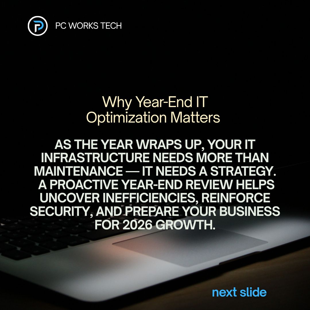 PC_Works_Tech's tweet image. Is your IT ready for 2026? 

Optimize now with IMOS Works by PC Works Tech — boost performance, enhance security, and scale smarter.

#IMOSWorks #PCWorksTech #ITStrategy #Cybersecurity