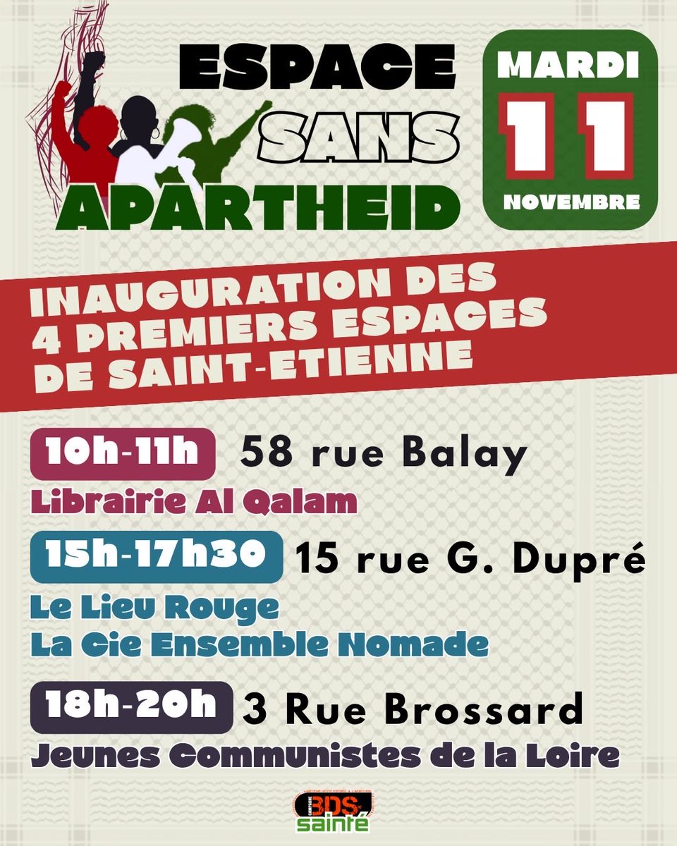 🇵🇸 Le 11 novembre, inauguration des premiers espaces sans apartheid à Sainté : des lieux qui s’engagent à refuser toute coopération avec les entreprises &amp; institutions complices de l’Etat colonial.
Venez participer à ces temps conviviaux pour une solidarité politique concrète.