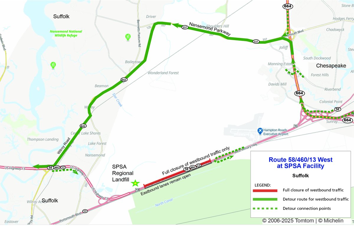 Don't forget, this weekend VDOT crews are scheduled to close all lanes overnight on Route 58 WEST, between the weigh station and SPSA facility for bridge beam placement, starting at 10 p.m. Follow detour signs. Full closure info and schedule updates at conta.cc/3LmLUZX.