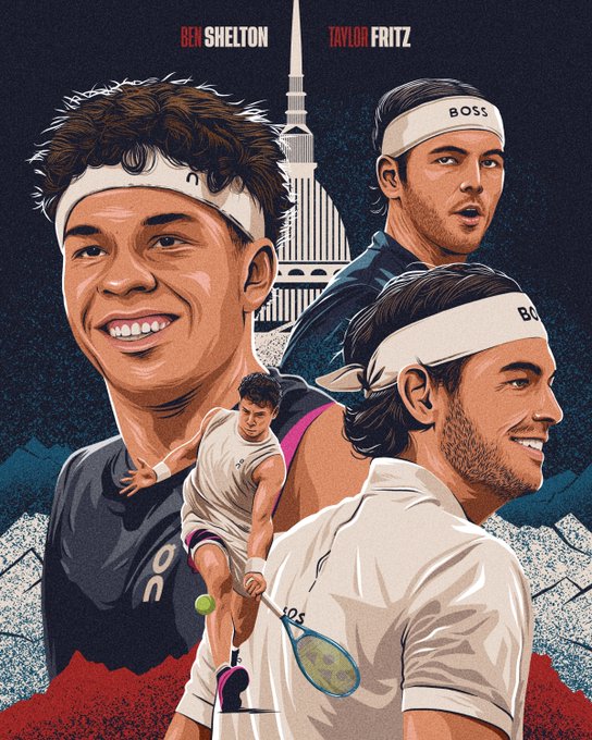 Vibrant poster-style artwork showcases four views of Ben Shelton and Taylor Fritz in tennis action. Ben Shelton appears in a close-up smiling profile with headband, a dynamic serving pose mid-air with racket and ball, and a side profile. Taylor Fritz is depicted in a focused close-up with headband and another serving pose. Background includes Turin cathedral silhouette and Italian landmarks. Both wear athletic tennis outfits with Boss branding on headbands.