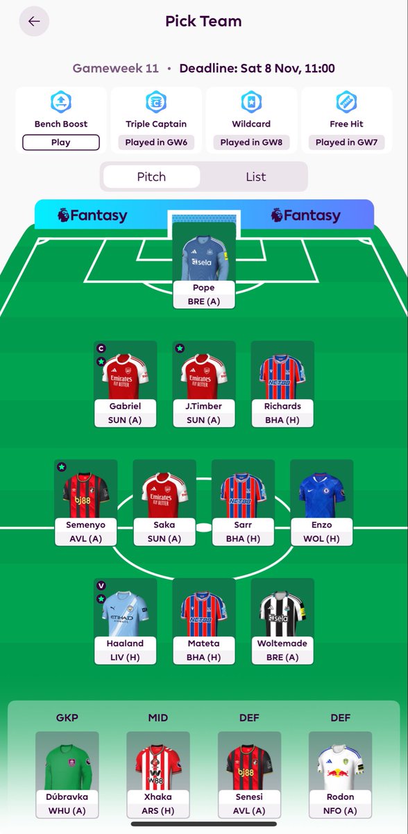Probably rolling the transfer to 2Ft after the ITB
Not on Haaland ©️ this week as LFC defence looked good lately 
Plan to bring in Szoboszlai and Mbeumo after the ITB 
Probably on Gabriel ©️/Mateta ©️
#FPLCommunity