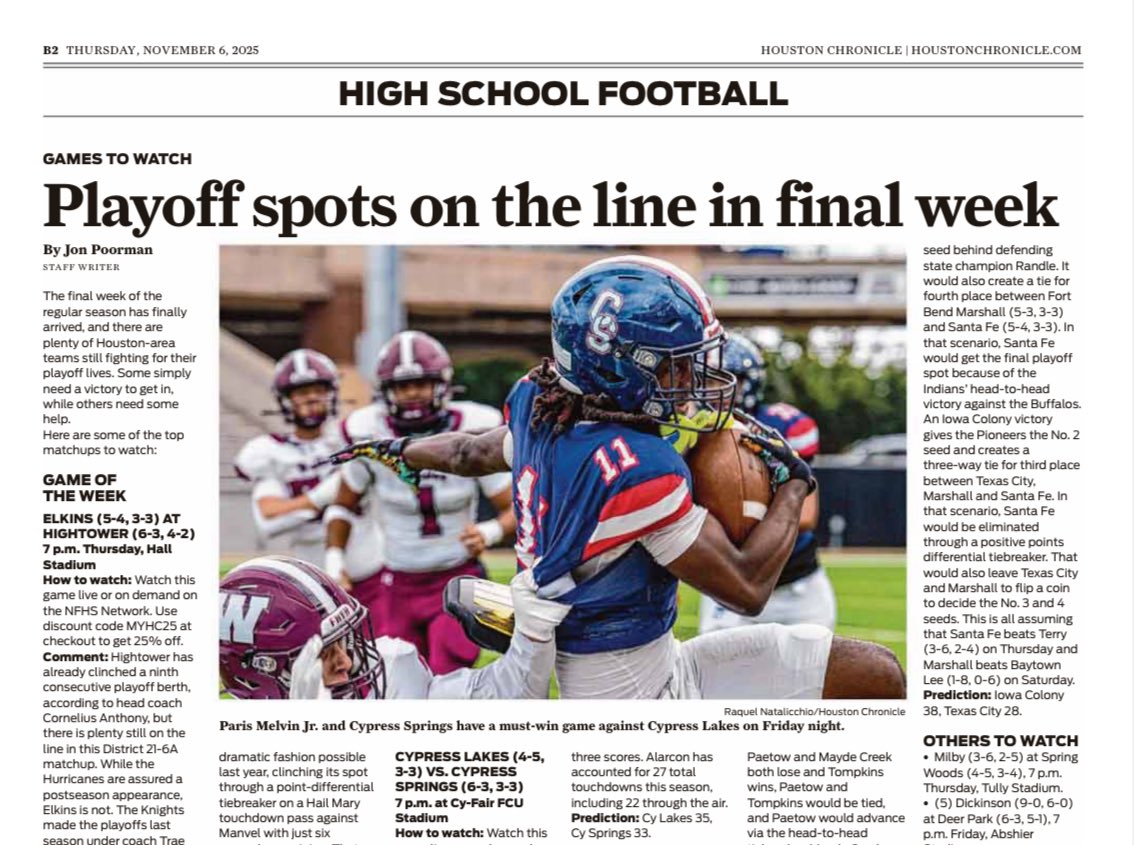 📰 Today’s <a href="/HoustonChron/">Houston Chronicle</a> sports section features plenty of Week 11 high school football content. #txhsfb

🔗 Undefeated teams: houstonchronicle.com/sports/high-sc…

🔗 Games to watch: houstonchronicle.com/sports/high-sc…