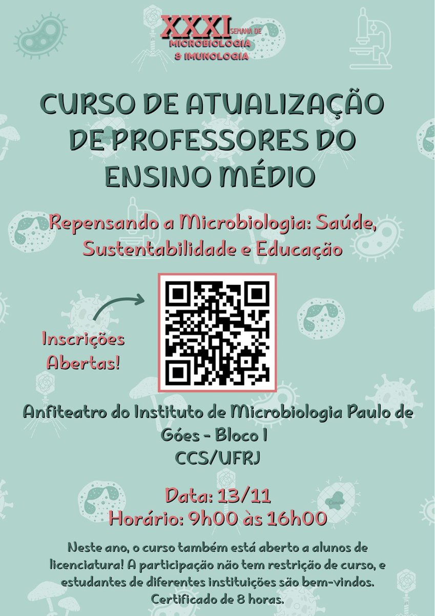 🚨 Divulgando! 

#microbiologia #imunologia #microbiology #immunology #sustentabilidade #educação #sustainability #education #docência #impgufrj
