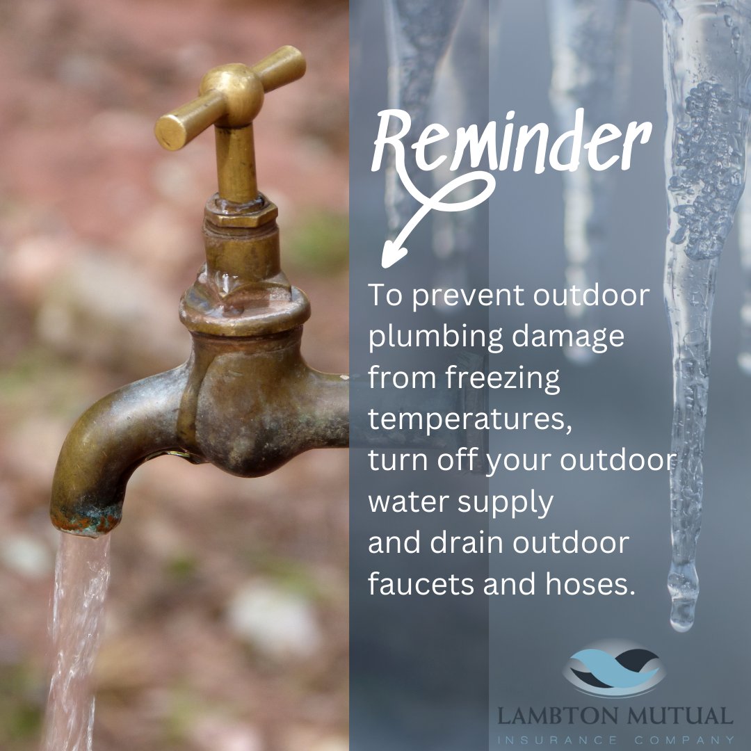 lambtonmutual's tweet image. A tip from our Loss Prevention staff! With the cold weather approaching, make sure to shut off your outside taps to prevent your pipes freezing. #winterpreparation #lossprevention