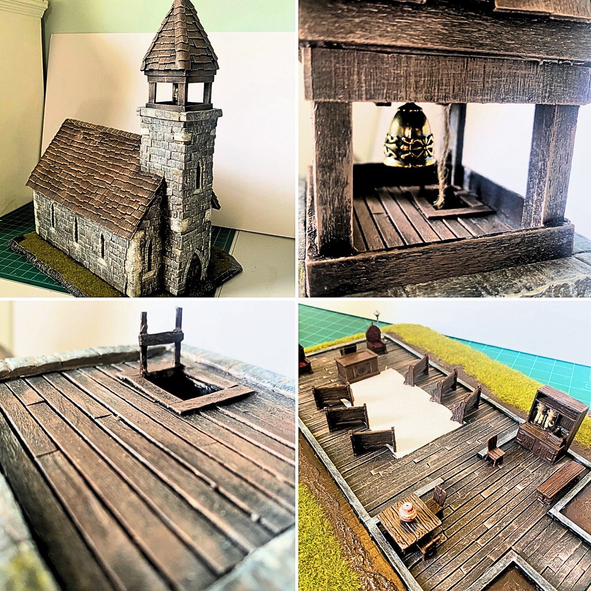 letterperfectG's tweet photo. Finished church project. 1st pic is final, 2nd  is with lights, and third pic is the difference one year makes, as it shows the new church (not quite finished), against one I made when I first started. #terrain #dndterrain #dungeonsanddragonsminiatures #dungeonsanddragons #dnd https://t.co/iCwr3uNgow
