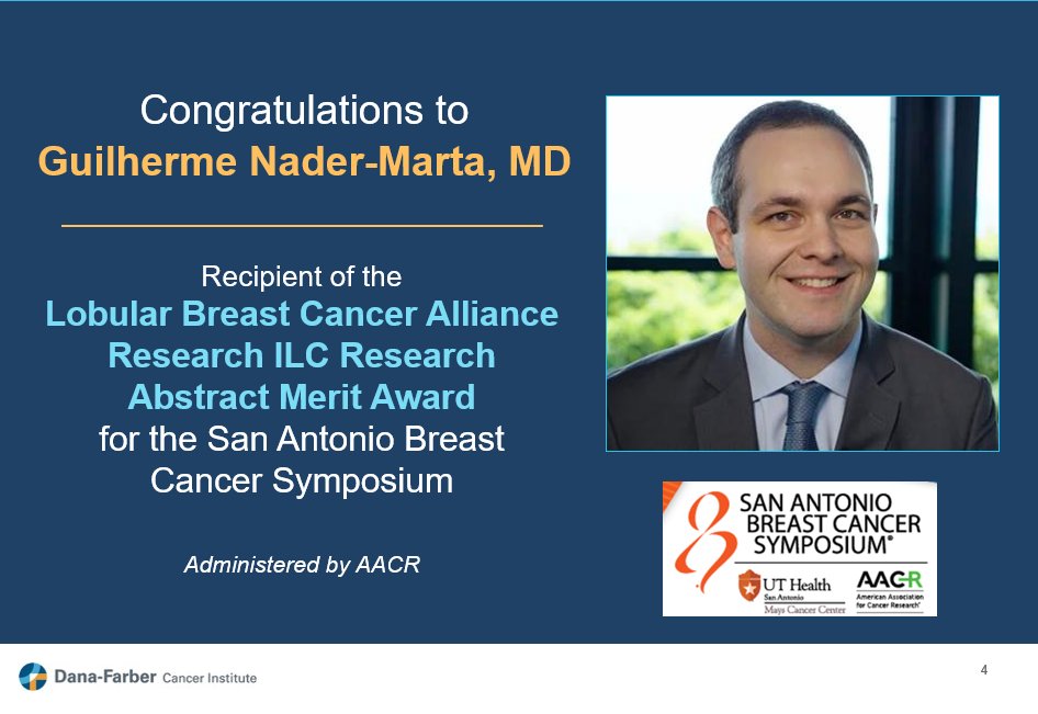 DFCI_BreastOnc's tweet image. Congratulations to Guilherme Nader-Marta, MD (@GuiNaderMarta) on receiving the #LobularBreastCancer Alliance #ILC Research Abstract Merit Award for the San Antonio Breast Cancer Symposium! @SABCSSanAntonio #BreastCancer