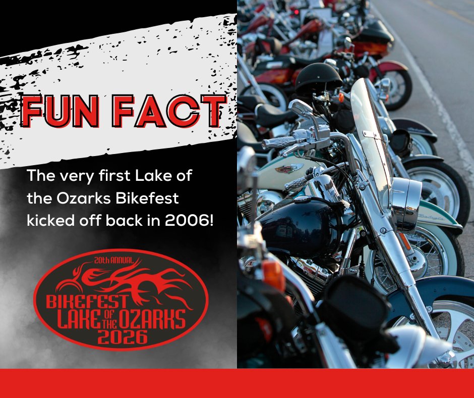 🏍️ 𝗙𝗨𝗡 𝗙𝗔𝗖𝗧!🤘
Did you know the very first Lake of the Ozarks Bikefest kicked off back in 2006? What started as a small local rally has grown into one of the biggest motorcycle events in the Midwest, drawing thousands of riders every year!
#LakeBikefest #RideTheOzarks