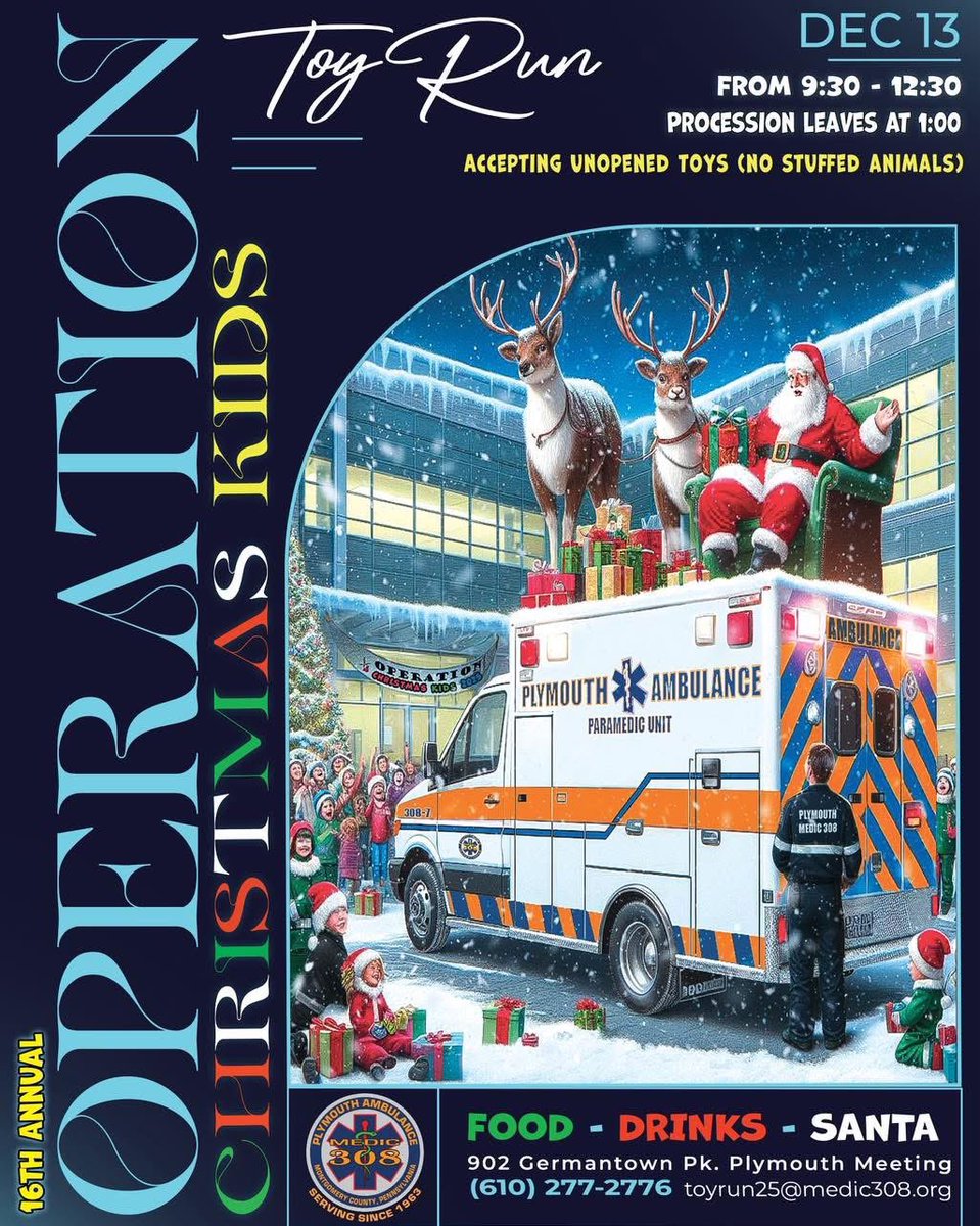 medic308's tweet image. 🎁🚑 PCAA is gearing up for our 16th Annual Operation Christmas Kids Toy Run! Join us Sat, Dec 13th 9:30 AM – 12:30 PM as we roll out to bring joy, smiles &amp;amp; support to children. 🚂 Bring a new, unopened toy (no stuffed animals). Help fill our ambulances w/toys. #medic308 #pcaa