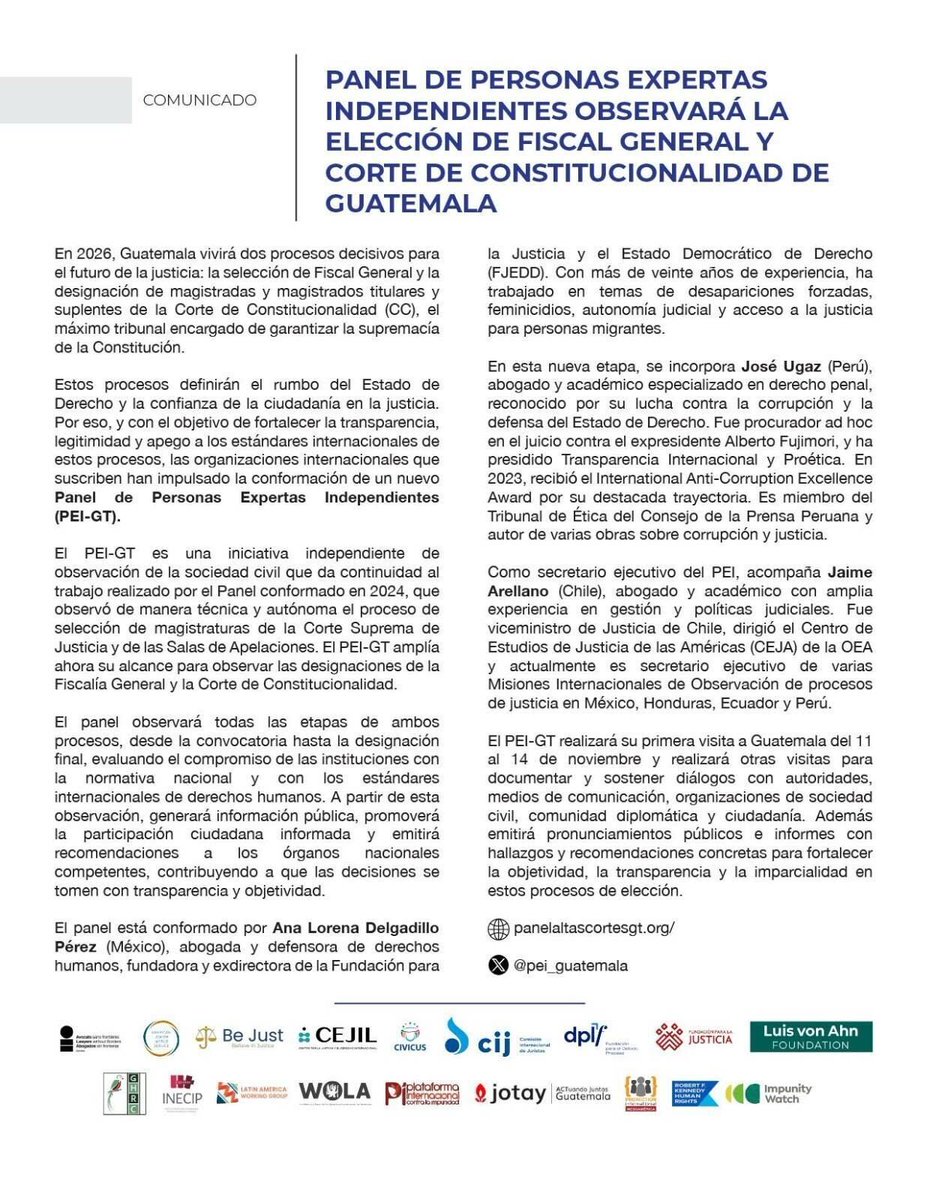 🇬🇹 Junto a 18 organizaciones internacionales, anunciamos una observación independiente sobre los procesos de justicia en #Guatemala. 

El PEI-GT monitoreará todas las etapas y emitirá recomendaciones para fortalecer la #transparencia e #imparcialidad.👇

wola.org/es/2025/11/pan…