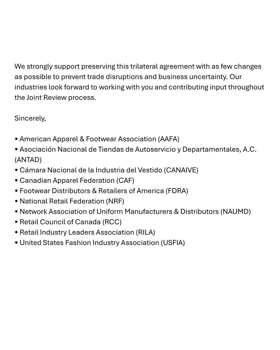 CANAIVE junto con asociaciones líderes de México, EE. UU. y Canadá, reafirma su respaldo al T-MEC, en el marco de la consulta pública, convocada por el Gobierno de Estados Unidos.

#CANAIVE #TMEC #México #IntegraciónRegional #Competitividad #IndustriaDelVestido