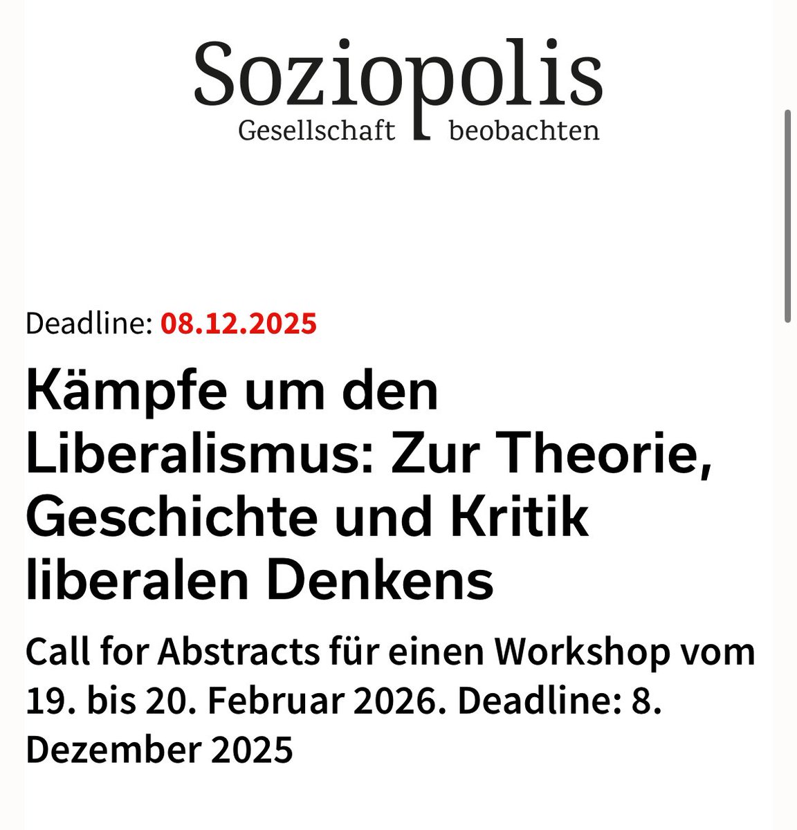 CfA: In Hamburg veranstalten wir am 19./20.02.26 einen Workshop zur Theorie, Geschichte u. Kritik liberalen Denkens &amp; freuen uns über alle Einreichungen, die uns bis 8. Dez. erreichen: soziopolis.de/veranstaltunge…
