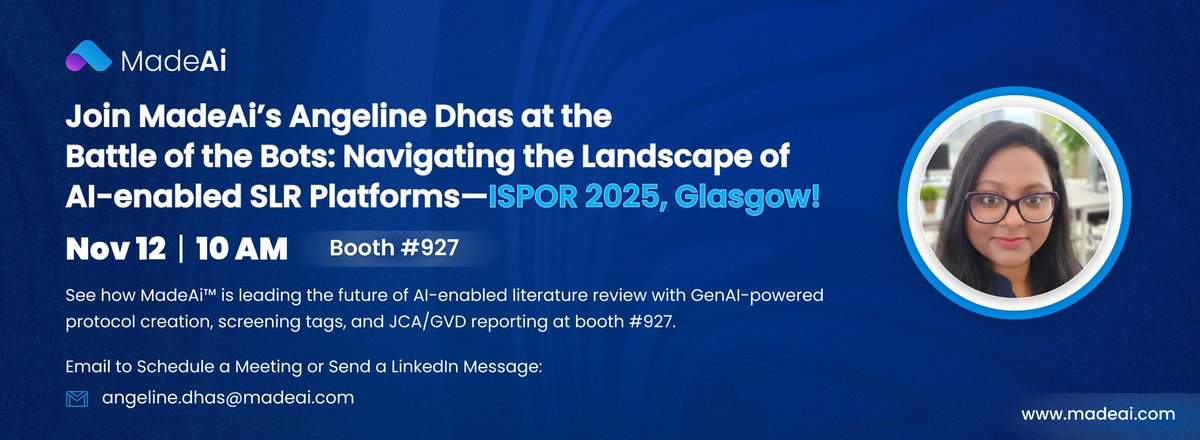 capestart's tweet photo. Angeline Dhas joins ISPOR 2025 in Glasgow for Battle of the Bots: AI-enabled SLR Platforms on Nov 12, 10 AM. Visit Booth #927 to discover how MadeAi enhances literature reviews with GenAI-powered protocols, screening tags, and JCA/GVD reporting.

#ISPOR #ISPORGlasgow #MadeAi https://t.co/QH1mAFWBIG
