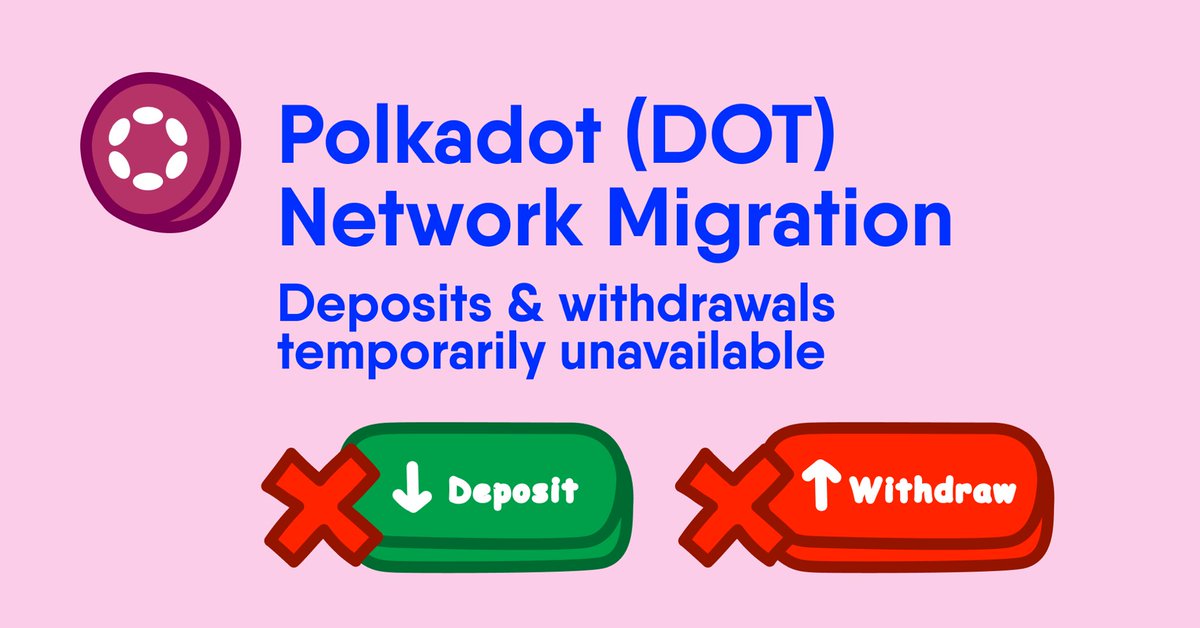 ⚠️ Polkadot (DOT) network migration

Deposits &amp; withdrawals are temporarily unavailable as DOT moves to the new Polkadot Asset Hub.

Your balance stays safe — migration is automatic.

Do not use old Relay Chain addresses.
Updates coming soon ✅
