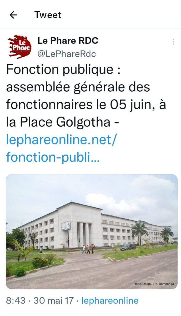 QUESTION :
——-
Qu’est devenue la mythique place Golgotha devant le bâtiment la fonction publique, lieu symbole de la martyrisation du fonctionnaire congolais avec la grève permanente des agents de l’Etat ?
<a href="/KanyindaPat/">Mulumba Kanyinda Patrick❤️</a> <a href="/JohnnyKanzenga/">Kanzenga Johnny</a>