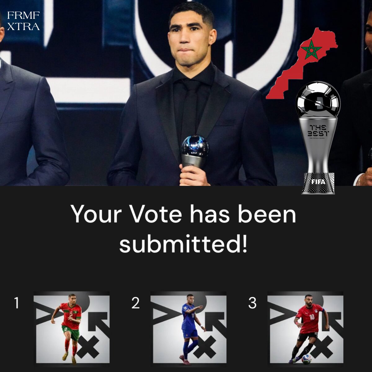 FRMFXtra's tweet photo. 🇲🇦🌍 Mes frères marocains, je vous invite à voter au 𝗠𝗔𝗫𝗜𝗠𝗨𝗠 pour Achraf Hakimi afin qu’il remporte le trophée THE BEST du meilleur joueur du monde !

Partagez le lien au max sur les réseaux : 
🗳️ https://t.co/5MT0k3NWm7

Insh'Allah #HakimiTheBest 🏆 https://t.co/0RwY54F4rY