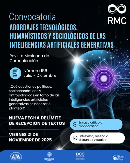 🗓️ Nueva fecha límite de recepción de textos
Participa en el número 156 de la RMC enviando ensayos, entrevistas, reseñas o discursos visuales que dialoguen con los temas de la convocatoria vigente.
📅 Fecha límite: 21 de noviembre

🔗 Convocatoria en: goo.su/6PxaUJ