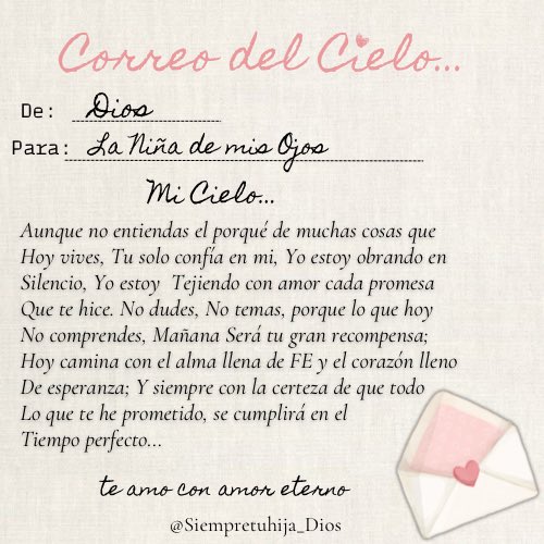 siempretuhija's tweet photo. 💌

𝐔𝐍 𝐂𝐎𝐑𝐑𝐄𝐎 𝐃𝐄𝐋 𝐂𝐈𝐄𝐋𝐎 𝐏𝐀𝐑𝐀 𝐓𝐈 

     ᴱᴺ  ᴱᴸ  ᵀᴵᴱᴹᴾᴼ  ᴰᴱ   ᴰᴵᴼᔆ   ᵀᴼᴰᴼ 
                     ᔆᴱᴿᴬ   ᴾᴱᴿᶠᴱᑦᵀᴼ
                              📩♥️ https://t.co/ZoeZ5I29wF