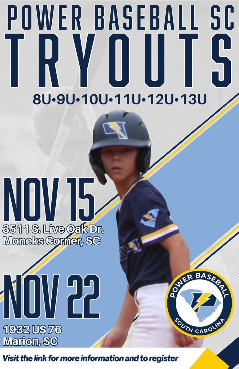 PowerBSBSCYouth's tweet image. ⚡ It’s time to Power Up for Spring ‘26!

Power Baseball SC Spring ‘26 tryouts!
💥 Ages 8U–13U
📍Nov 15 (Low Country) 
📍Nov 22 (Pee Dee/Grandstrand)
🔗 Sign Up using the link below! 

powerbsb-sc.sportngin.com/register/form/…