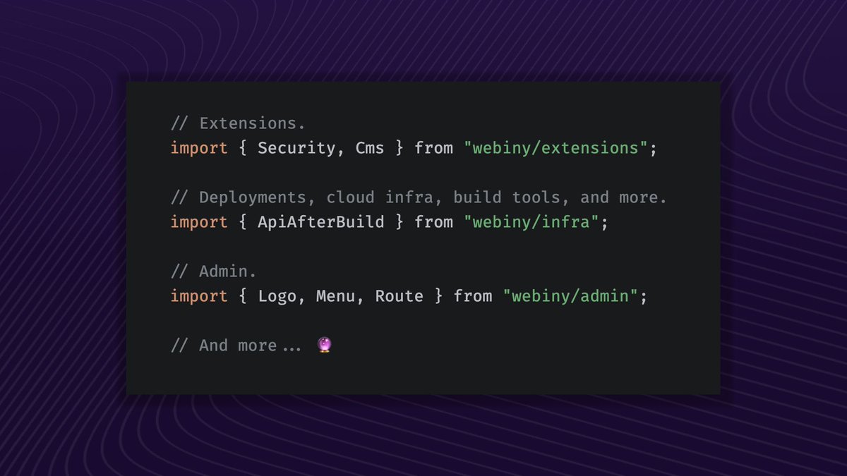 WebinyCMS's tweet image. In Webiny v6, we reimagined how developers use our APIs. 

Now, everything you need comes from one NPM package — webiny. 
Curated exports. Better DX. ⚡