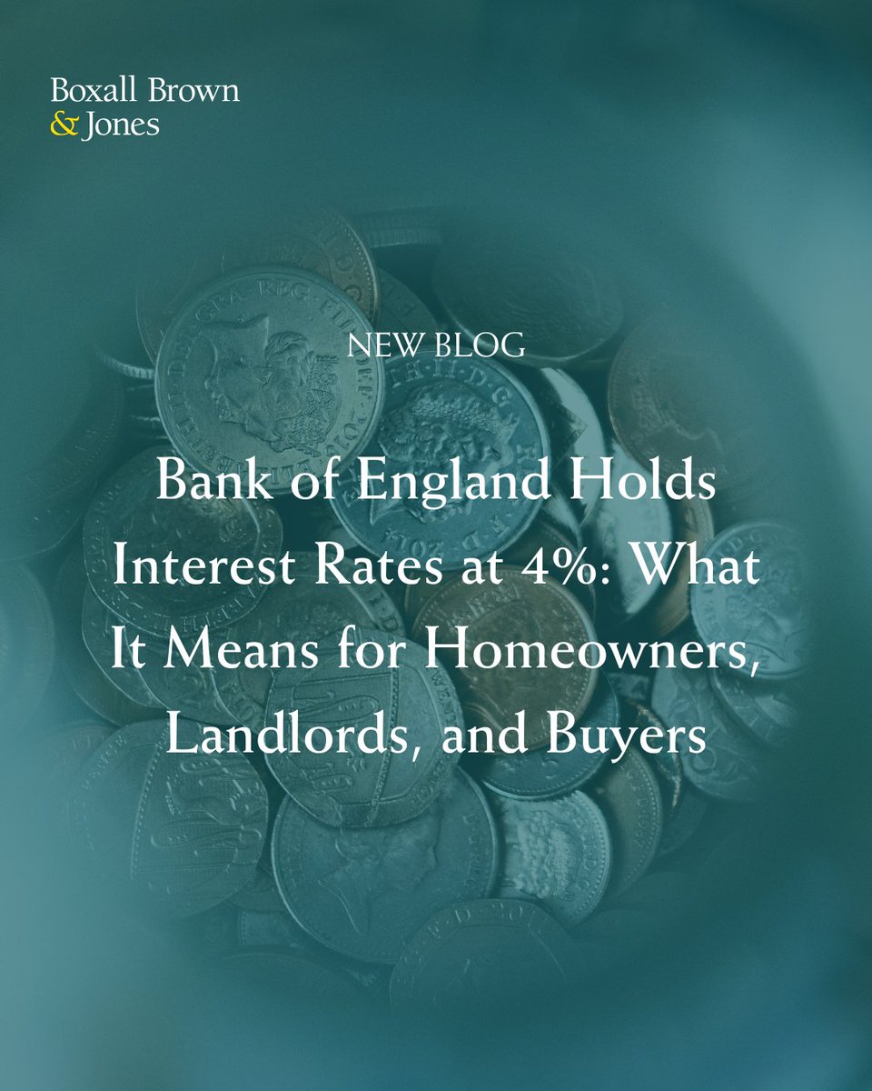 The Bank of England has kept interest rates at 4%, suggesting inflation has peaked.

What does this mean for homeowners, landlords, and buyers?

👉 Read our latest update: boxallbrownandjones.co.uk/bank-of-englan…

#BoxallBJones #PropertyMarket #InterestRates #Derbyshire #Property