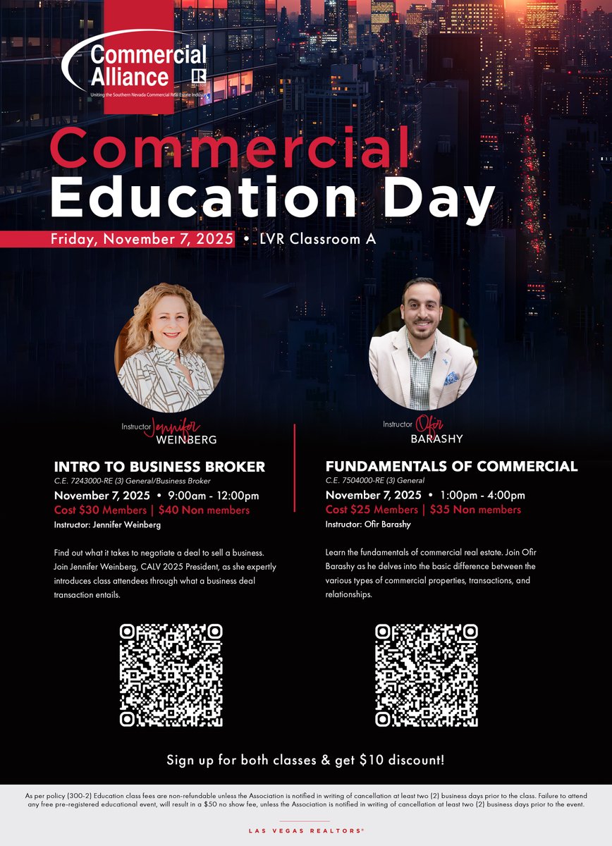 Still time to attend 2 #CRE classes tomorrow at the <a href="/LVRmembers/">Las Vegas REALTORS®</a> building, with a 9 a.m. "Intro to Business Broker" class by CALV President Jennifer Weinberg and 1 p.m. "Fundamentals of Commercial" class by Ofir Barashy. Register at members.lasvegasrealtor.com/gateway/member…