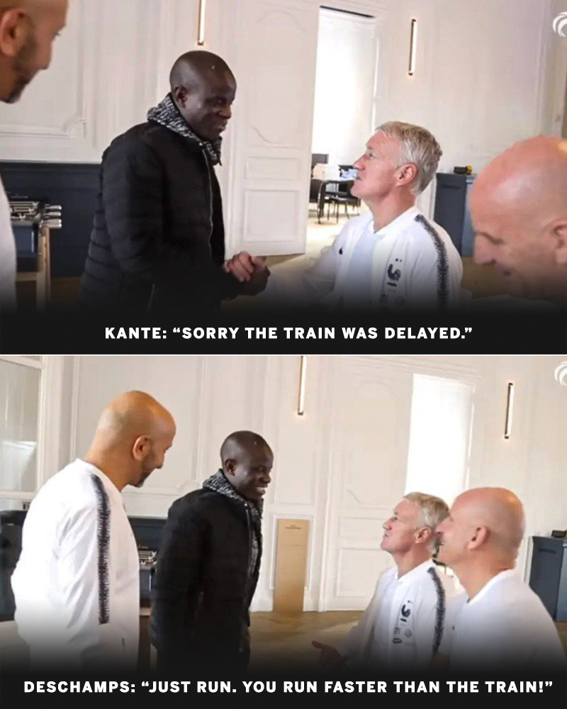 ESPNFC's tweet image. That time N&apos;Golo Kante was late for France training 😅🚂

He&apos;ll get a chance to redeem himself for Deschamps as he&apos;s been recalled to the France national team for the first time since November 2024 🥺