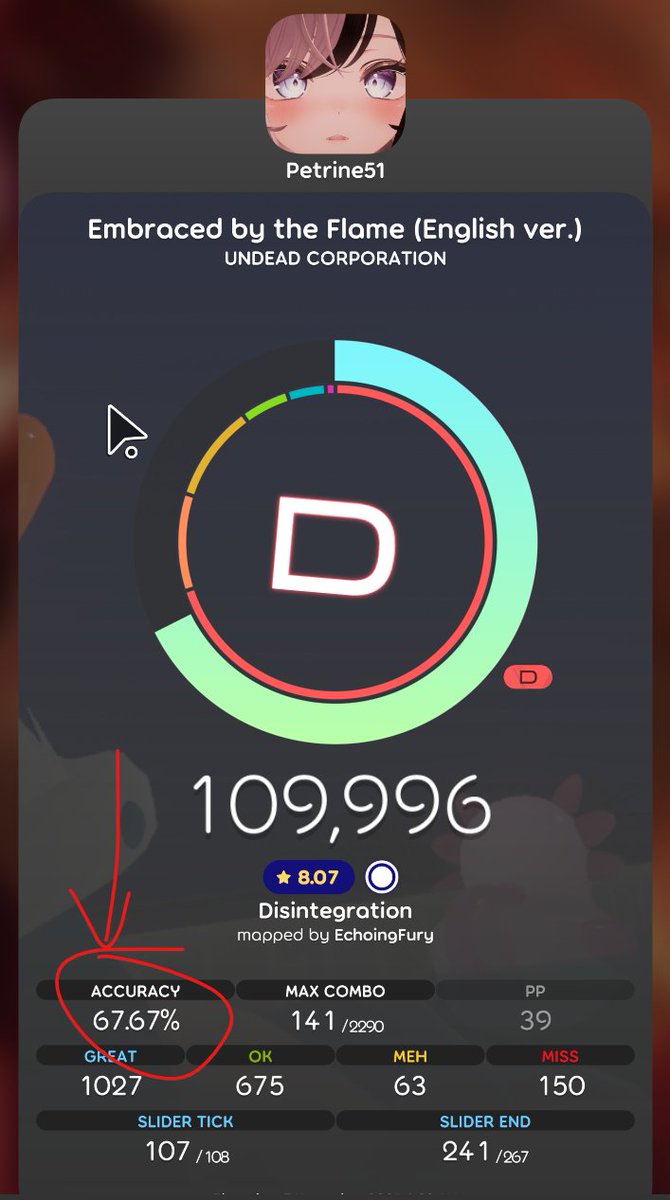 I got my first pass on this map. Still struggling with 210+bpm streams but :D
... 67!!!