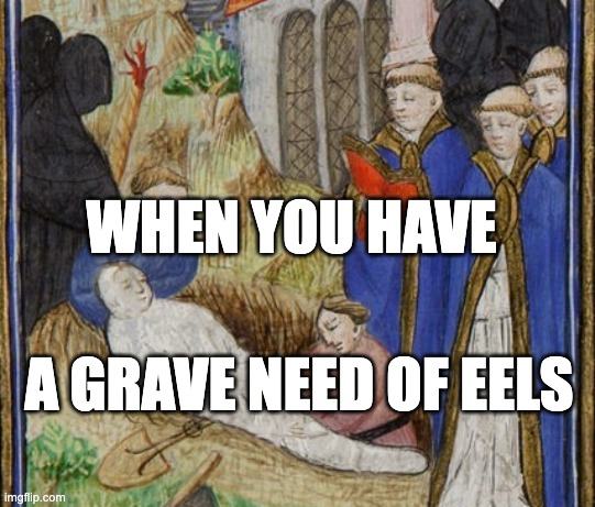 You want to know how important eels were in early medieval Britain. I hear you.

Bede says they were very important. And grave goods from a 7th C. burial site in Cambridge include a copper bowl w/ the skeletal remains of three complete eels.

Who says you can't take it with you?