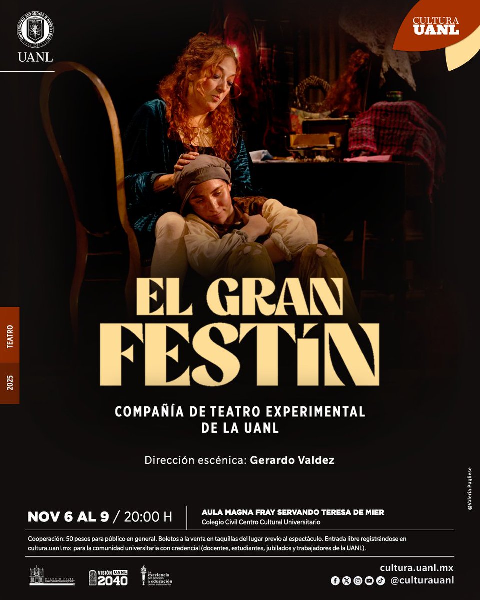 La Compañía de Teatro Experimental UANL presentará "El gran festín" del 6 al 9 de noviembre a las 20:00 h en nuestra Aula Magna Fray Servando Teresa de Mier.
Dirección: Gerardo Valdez.