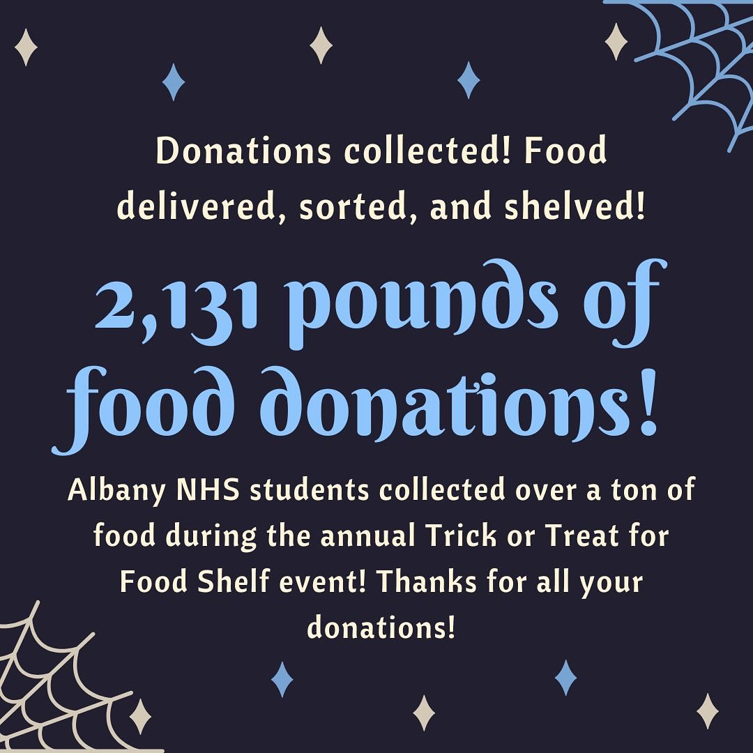 ISD745's tweet image. WoW!!  🥫Albany NHS students collected over a ton of food during the annual Trick or Treat for Food Shelf event!  Thanks for all your donations! #PurplePride #HuskiesPullTogether