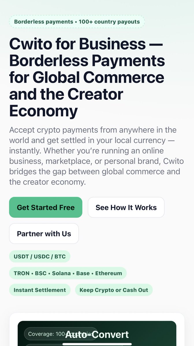 I mean you can start receiving stablecoins and crypto as payment and get settled in your local currency instantly - whether you are a course creator , online merchant , ecommerce business and more 
Just <a href="/UseCwito/">Cwito</a> for business and put your business onchain …