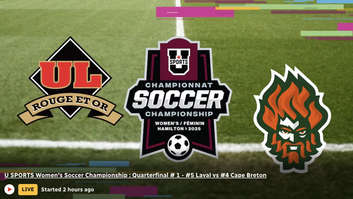 CBC is streaming the 2025 U Sports Women’s Soccer Championship live from #HamOnt. Games between now and Sunday with teams from <a href="/UBC/">University of British Columbia</a> <a href="/UMontreal/">Université de Montréal</a> <a href="/UofT/">University of Toronto</a> <a href="/uofg/">University of Guelph</a> <a href="/McMasterU/">McMaster University</a> @trinitywestern and more. 
Live now from <a href="/cbcsports/">CBC Sports</a>: <a href="/universitelaval/">Université Laval</a> and <a href="/cbuniversity/">CBU</a>. 
cbc.ca/player/play/vi…