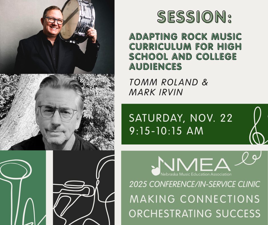 Adapting Rock Music Curriculum for High School and College Audiences 🎸
Tomm Roland &amp; Mark Irvin explore strategies to make rock music curriculum engaging and relevant for students of all backgrounds.

Join us at the 2025 Conference/In-Service Clinic: nmeanebraska.org/2025-nmea-conf…