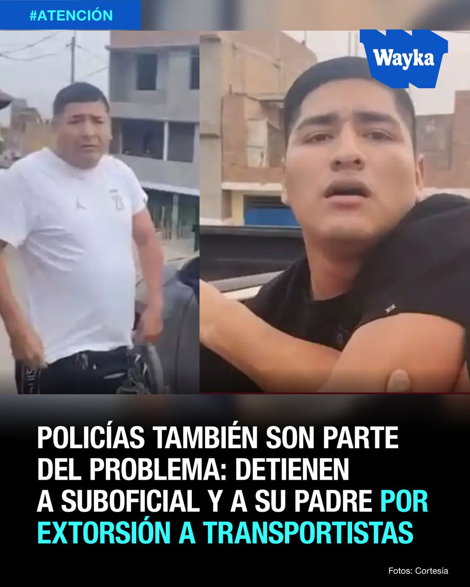 WaykaPeru's tweet photo. #Callao | ❗El suboficial de tercera PNP Abraham De la Cruz fue detenido, junto a su padre, Abraham De la Cruz Salazar, por el presunto delito de extorsión y cobro de cupo a los transportistas de Pachacútec, Ventanilla, Callao.

Según las indagaciones, los detenidos estarían vinculados a la banda "Los Malditos del Paradero de la Parroquia", pues se encontraron conversaciones de los De la Cruz, padre e hijo, con Bryan Alvarado Zamudio, quien formaría parte de la identificada organización criminal.

Otro caso parecido se conoció en abril de este año en Juliaca, donde fueron detenidos siete policías por supuestos delitos de robo y extorsión. En Lima, el suboficial Paul Galarza fue acusado y condenado por pertenecer a una mafia que se dedicaba a la  extorsión.

Y en Lambayeque, el excomandante PNP Abraham Arturo Cuadros Rojas sería líder de la banda "Los Rápidos del Norte", este cobraba entre S/20 y S/50 a transportistas.