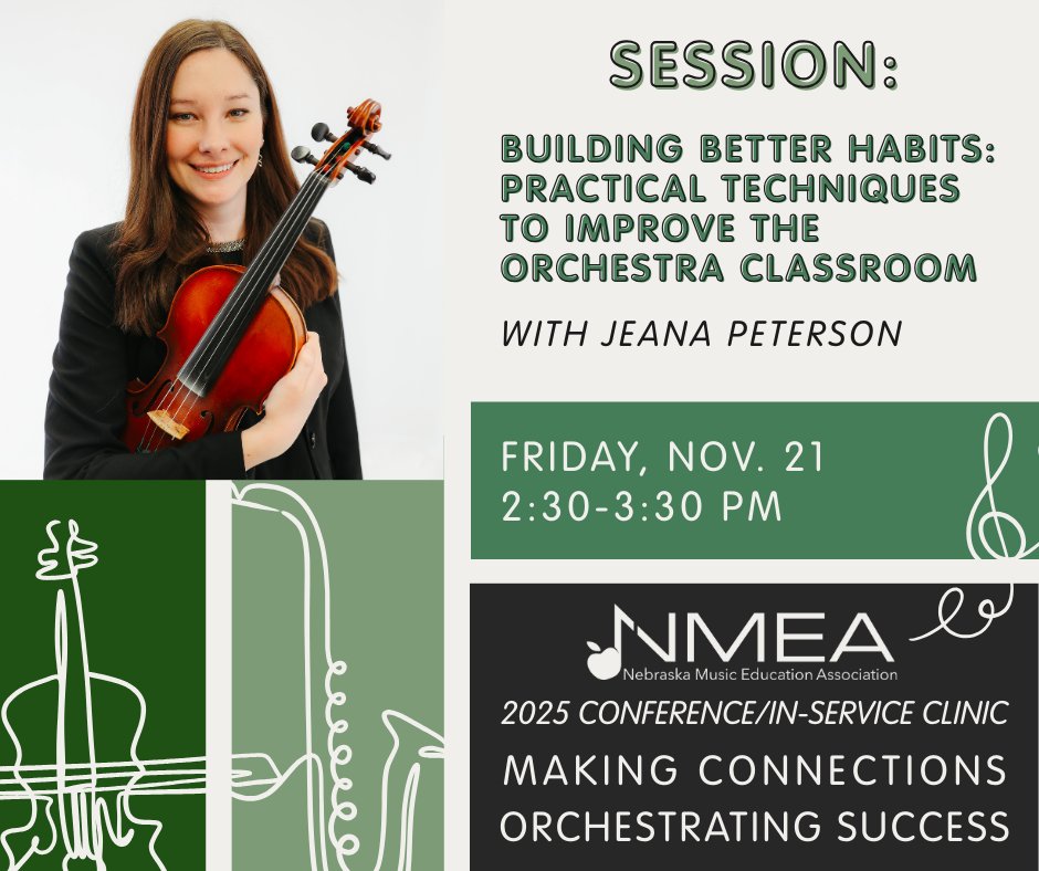 Building Better Habits: Practical Techniques to Improve the Orchestra Classroom 🏫
Jeana Peterson presents simple rehearsal strategies and habit-building activities to improve motivation, posture, intonation, and fun.

nmeanebraska.org/2025-nmea-conf…