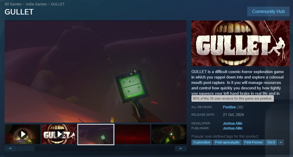 My debut game GULLET just hit 30 Steam reviews at 90% positive.

It’s a humble milestone, but it means a lot.

Bigger things are coming, so keep an eye out👁️

#gamedev #indiegames #solodev #GodotEngine