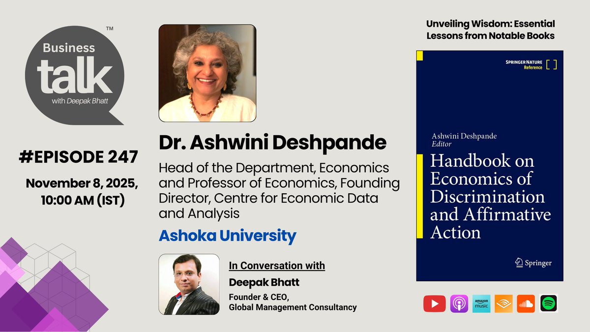 We are delighted to welcome Dr. <a href="/_ADeshpande/">Ashwini_Deshpande</a>, Head of Department and Professor of Economics at <a href="/AshokaUniv/">Ashoka University</a>, as our distinguished guest on Business Talk. She shares insights from her book on discrimination and affirmative action, delving into caste, gender, and equity in India.