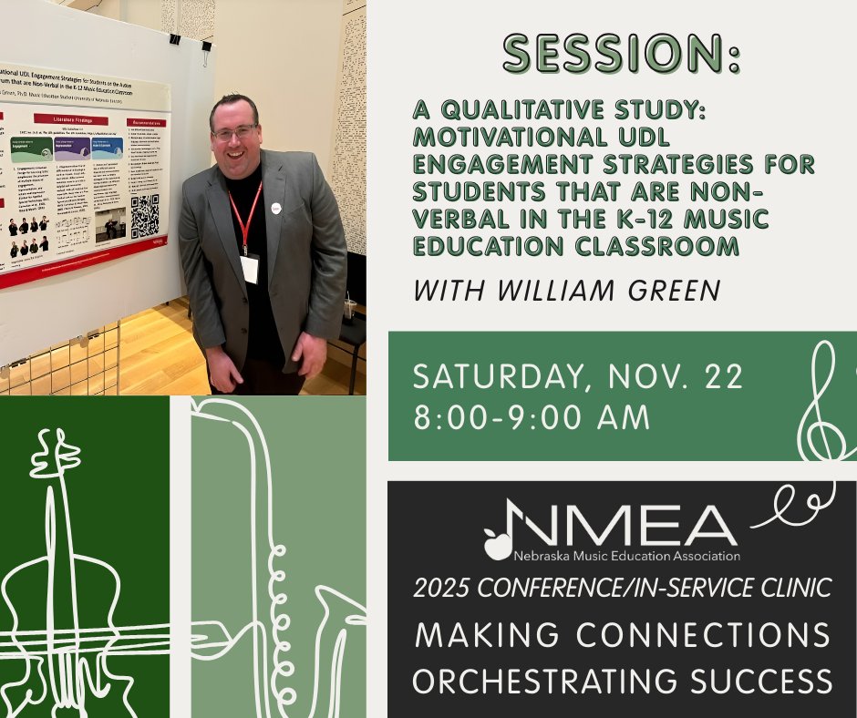 Motivational UDL Engagement Strategies for Non-Verbal Students ✨
William Green shares research-based, hands-on strategies for engaging non-verbal students in K-12 music classrooms. Inclusive practices for every educator!

nmeanebraska.org/2025-nmea-conf…