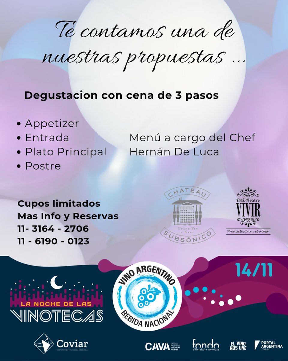 Este 14/11 participamos una vez más en La Noche de las Vinotecas.
Una gran propuesta con buenos vinos  de Chateau Subsonico y riquísima comida preparada por mi hermano,  <a href="/ChefHerDeLuca/">Hernan De Luca</a>  el mejor chef 👨‍🍳
No se cuelguen que los cupos son limitados 👈 
info y Reservas 
11 3164 2706