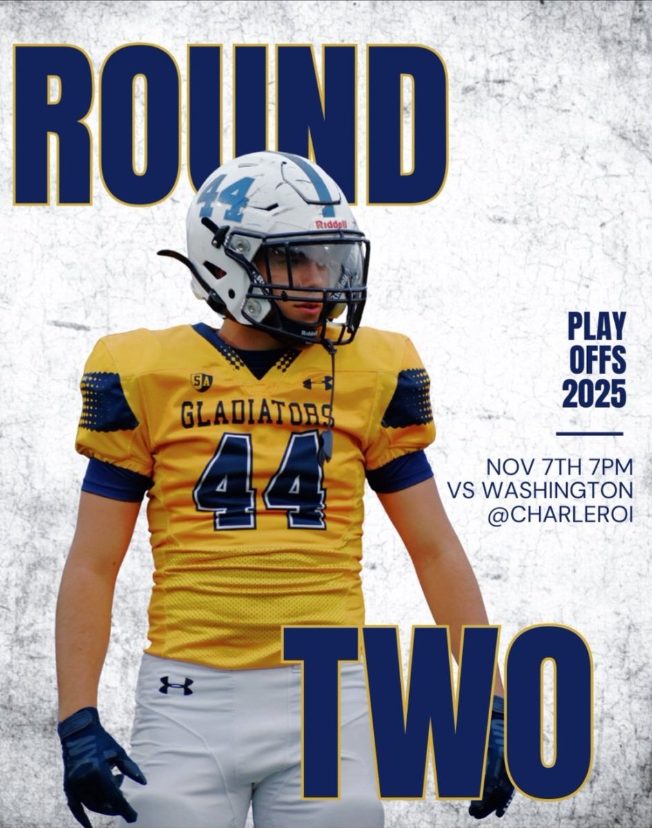 💙💛 Round 2 time, Gladiator Nation! Tomorrow night we face Washington in WPIAL Playoffs! 🔥
📍 Charleroi HS | 🕖 7PM kickoff
🎟️ $7 tickets on GoFan or at the gate
Let’s pack the stands &amp; bring that unstoppable SA energy! 🙌💪
📸 Graphic by Ava Brown featuring LB Max Jeffcoat