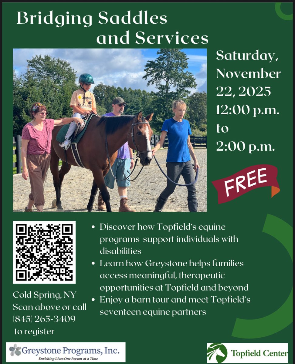 GreystonePrgrms's tweet image. Join Greystone Programs and Topfield Center on Saturday, November 22, 2025, from 12pm - 2pm in Cold Spring for a free community event.

For more information and to register, please visit: topfieldcenter.org/so/ffPfKMpE1?l…

#greystoneprograms