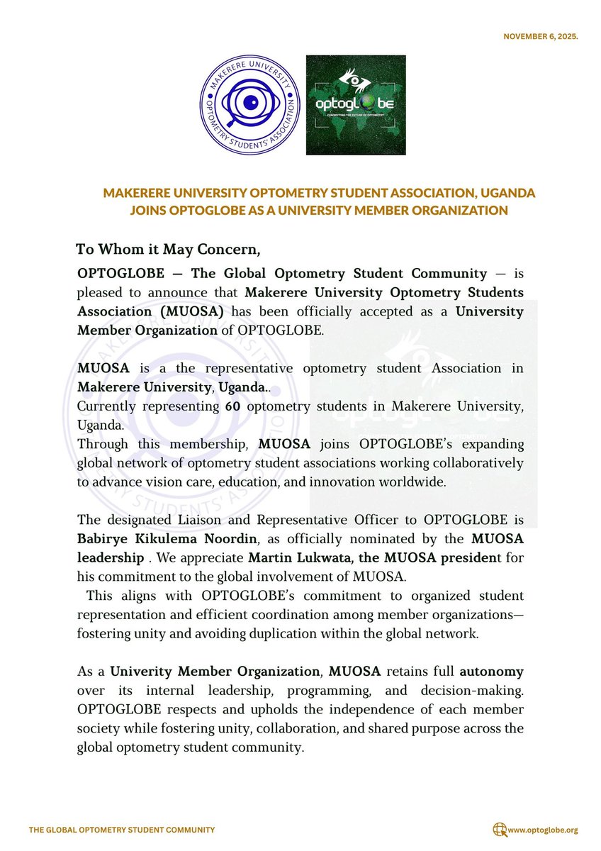 MUOSA256's tweet photo. Exciting News!!!!🔥🔥🔥
Makerere University Optometry Students Association (MUOSA) has officially joined @optoglobe, The Global Optometry Student Community, as a University Member Organization.
#Optometry #MUOSA #OPTOGLOBE https://t.co/2vBxswVWub