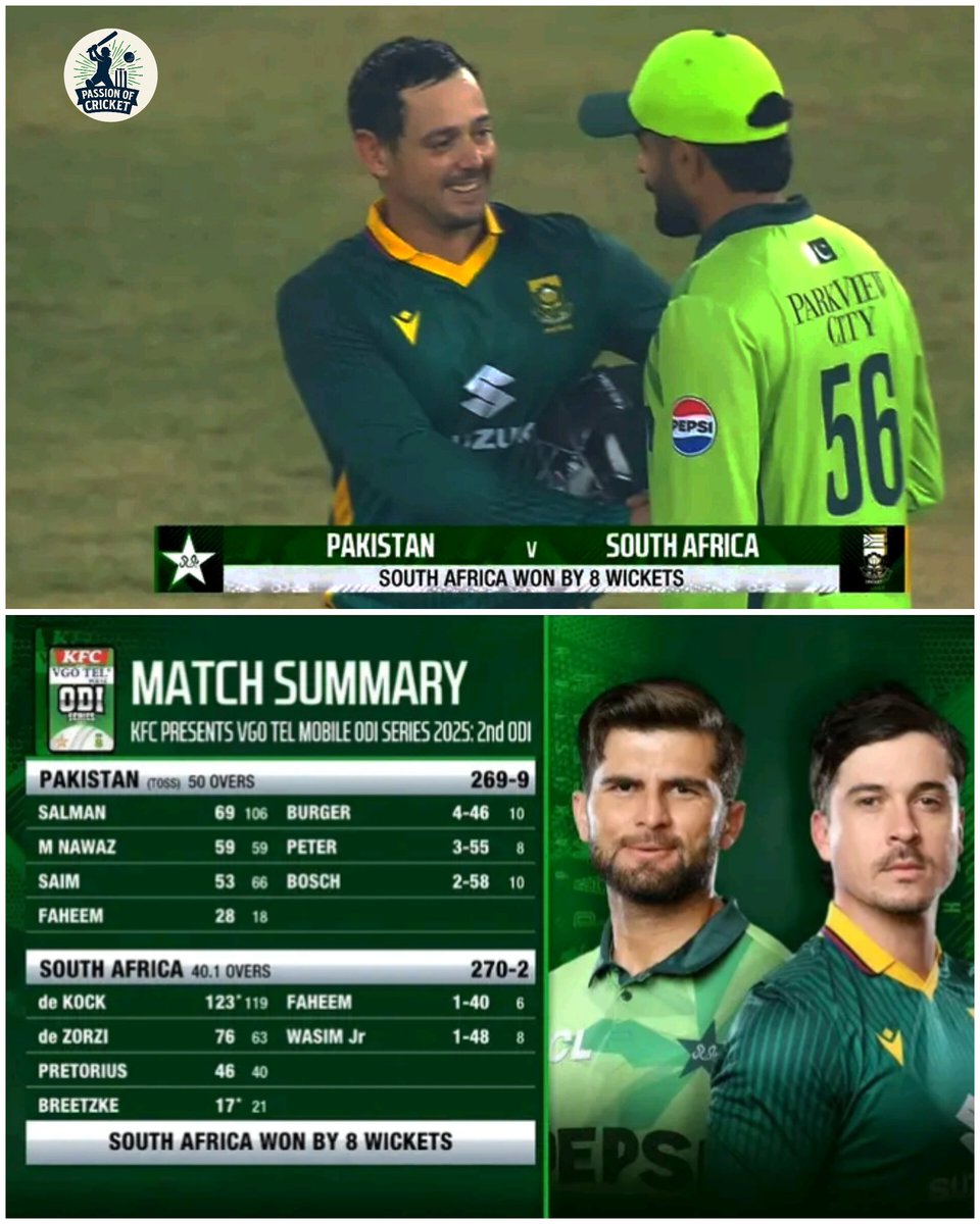 PCricket24744's tweet photo. South Africa 🇿🇦 Beat Pakistan Convincingly By 8 Wickets In 2nd ODI &amp; Level The 3 Match ODI Series 1-1 🇿🇦👌🔥👋

#Cricket #PAKvSA #quintondekock https://t.co/rL8CojPJNY